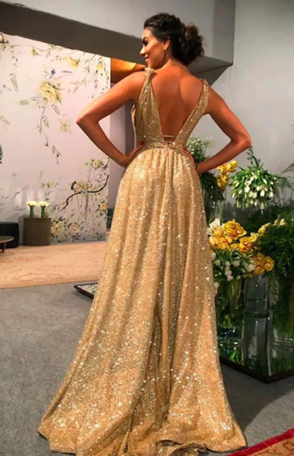 Luxurious A-Line Spaghetti Strap Backless Sequin Prom Dress with Sweep Train.