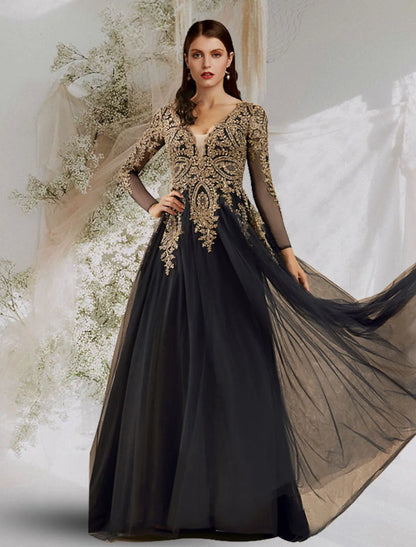 Luxurious Elegant Ball Gown V-Neck Long Sleeve Sequin Tulle Floor Length Evening Dress.
