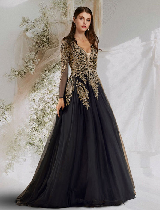 Luxurious Elegant Ball Gown V-Neck Long Sleeve Sequin Tulle Floor Length Evening Dress.