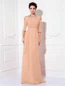 Minimalist Sheath Off-Shoulder Half Sleeve Ruched Chiffon Sweep Train Dress.