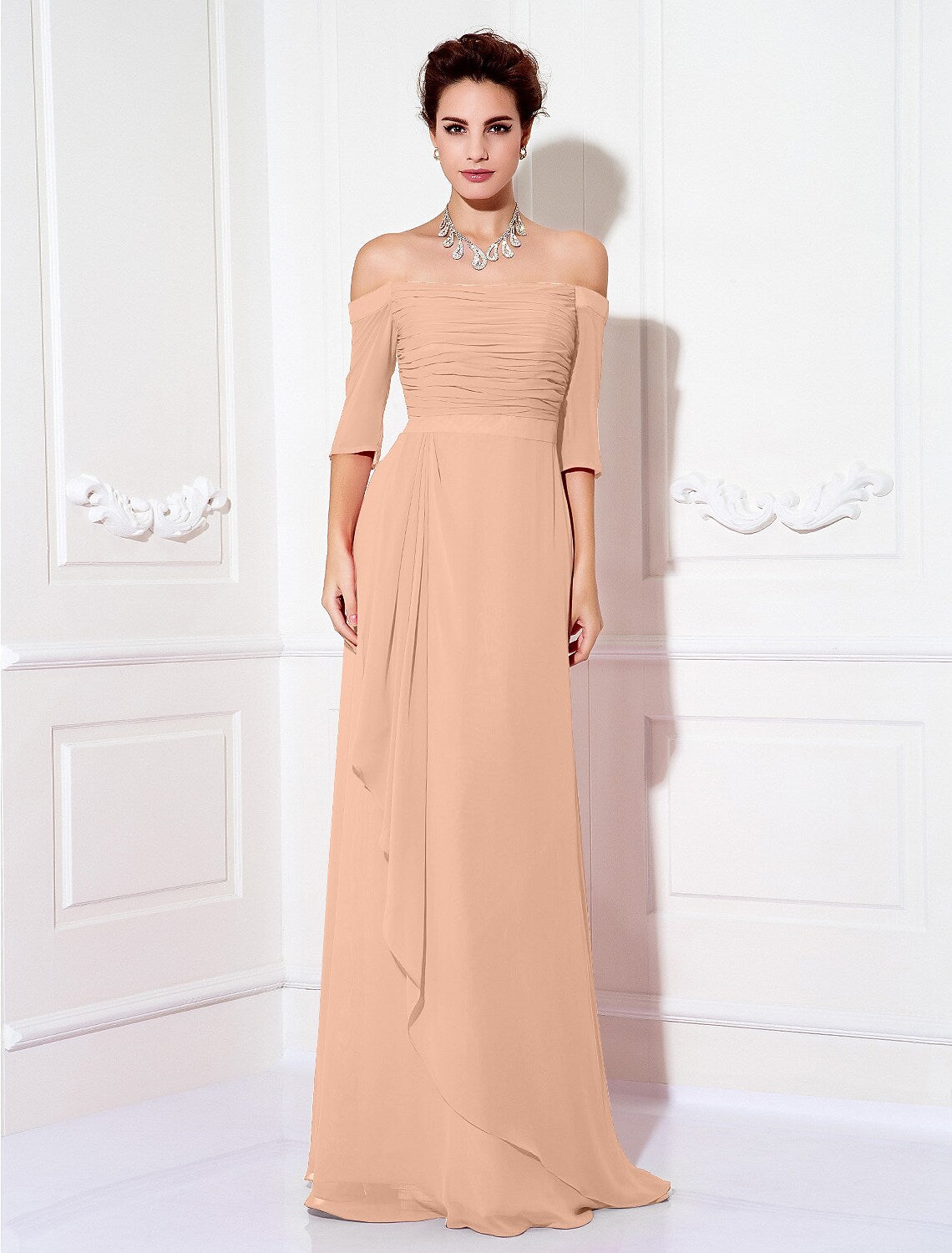 Minimalist Sheath Off-Shoulder Half Sleeve Ruched Chiffon Sweep Train Dress.
