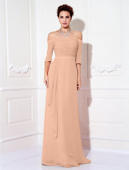 Minimalist Sheath Off-Shoulder Half Sleeve Ruched Chiffon Sweep Train Dress.
