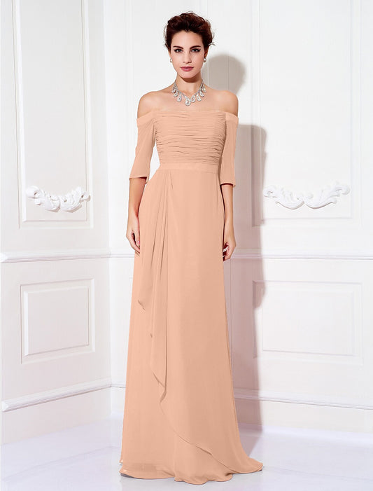 Minimalist Sheath Off-Shoulder Half Sleeve Ruched Chiffon Sweep Train Dress.