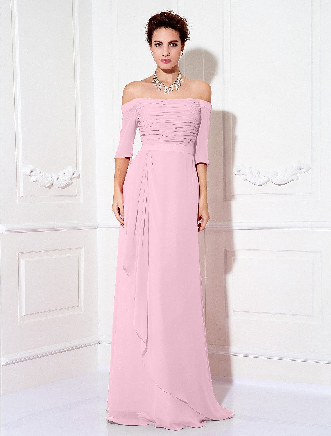 Minimalist Sheath Off-Shoulder Half Sleeve Ruched Chiffon Sweep Train Dress.