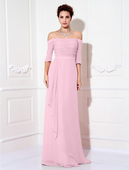 Minimalist Sheath Off-Shoulder Half Sleeve Ruched Chiffon Sweep Train Dress.