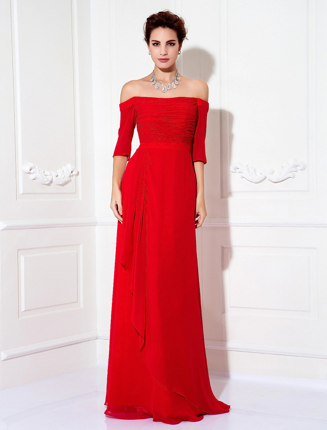 Minimalist Sheath Off-Shoulder Half Sleeve Ruched Chiffon Sweep Train Dress.