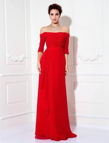 Minimalist Sheath Off-Shoulder Half Sleeve Ruched Chiffon Sweep Train Dress.