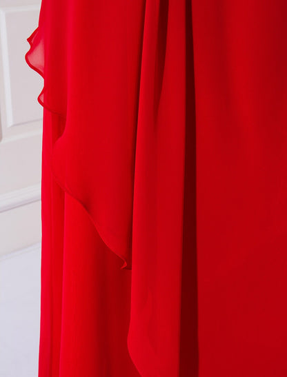 Minimalist Sheath Off-Shoulder Half Sleeve Ruched Chiffon Sweep Train Dress.
