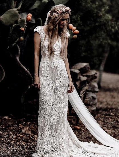 Romantic Mermaid V-Neck Beach Boho Lace Wedding Gown White Court Train.