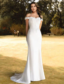 Romantic Off Shoulder Lace Ball Gown Sweep Train Beach Wedding Dress.