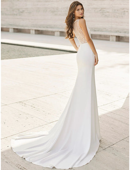 Satin Beach Open Back Mermaid Wedding Dress V-Neck Appliques Court Train.