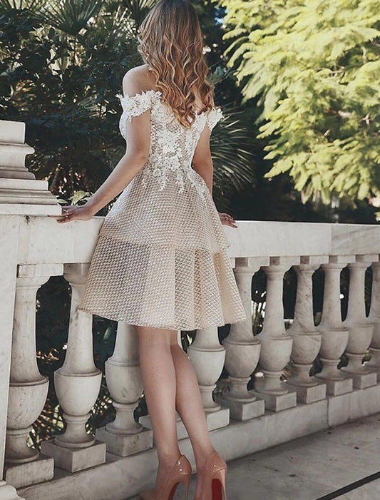 Sexy A-Line Off Shoulder Lace Appliques Knee Length Holiday Cocktail Dress.