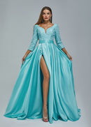 Sparkling A-Line V-Neck 3/4 Sleeve Sequin Evening Gown with Court Train.