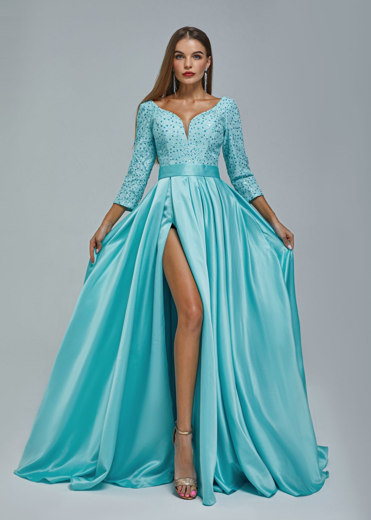 Sparkling A-Line V-Neck 3/4 Sleeve Sequin Evening Gown with Court Train.