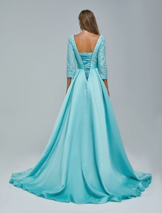 Elegant A-Line V-Neck Sequin Gown with 3/4 Sleeves.
