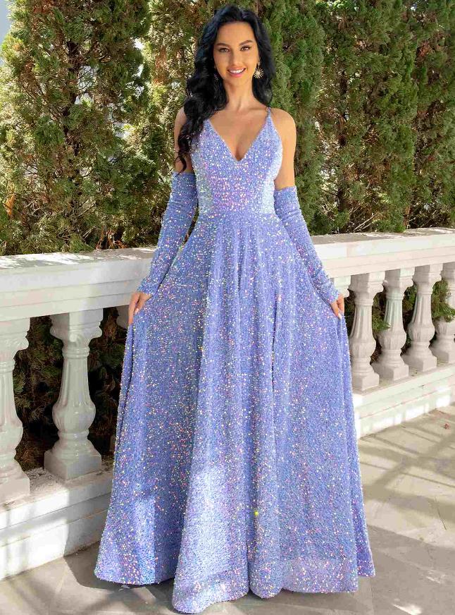 Model wearing a sparkling A-line V-neck sequined pleated floor-length prom dress, front view.