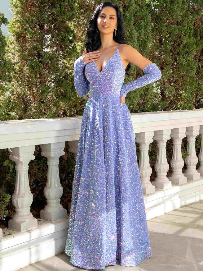Model in a sparkling A-line V-neck sequined pleated floor-length prom dress, side view.
