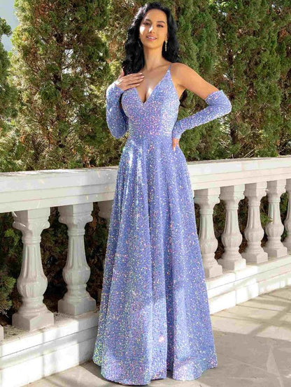 Model in a sparkling A-line V-neck sequined pleated floor-length prom dress, side view.