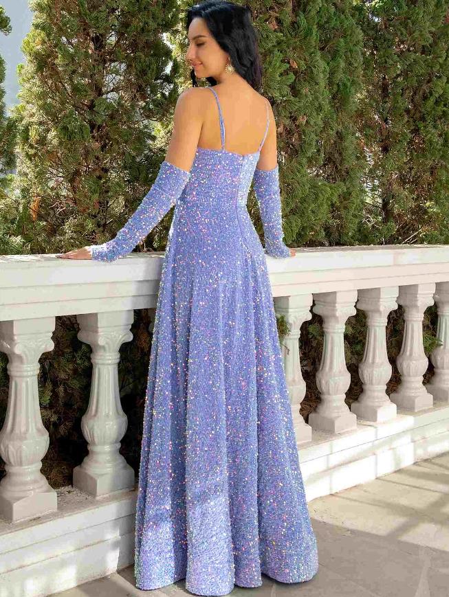 Back view of a model wearing a sparkling A-line V-neck sequined pleated floor-length prom dress.