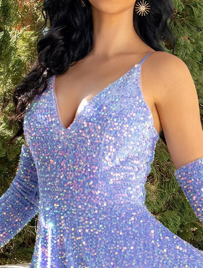 Model posing in a sparkling A-line V-neck sequined pleated floor-length prom dress.