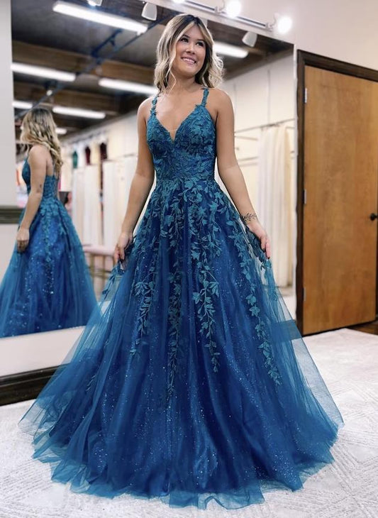 Sparkling Ball Gown A-Line V-Neck Prom Dress with Glitter Appliques.