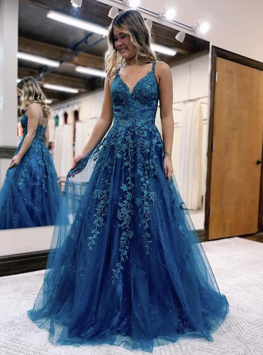Sparkling Ball Gown A-Line V-Neck Prom Dress with Glitter Appliques.