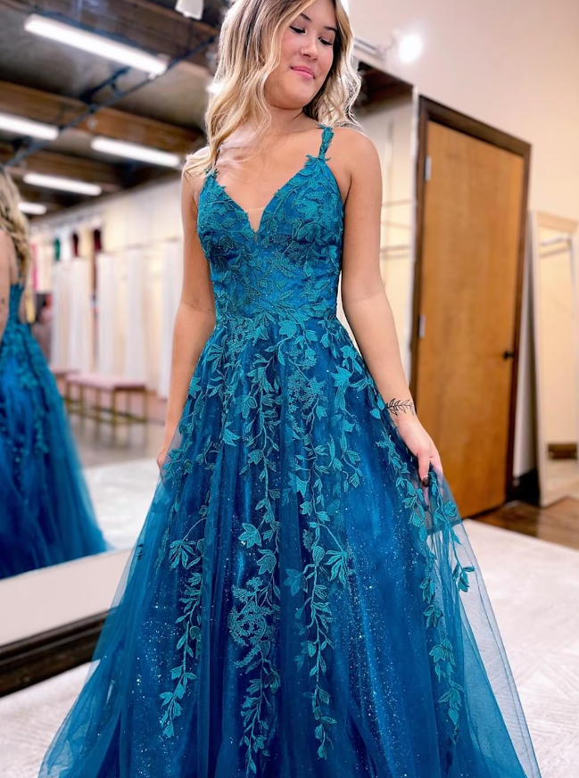 Sparkling Ball Gown A-Line V-Neck Prom Dress with Glitter Appliques.