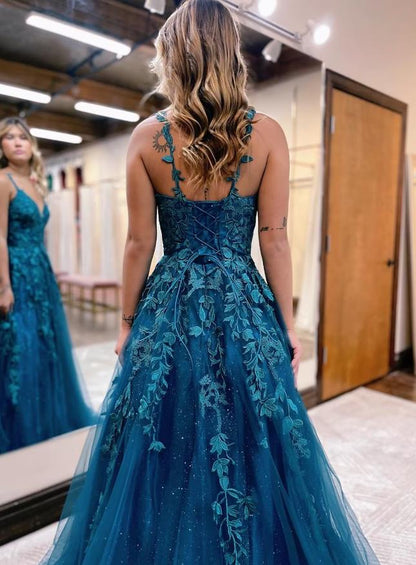Sparkling Ball Gown A-Line V-Neck Prom Dress with Glitter Appliques.