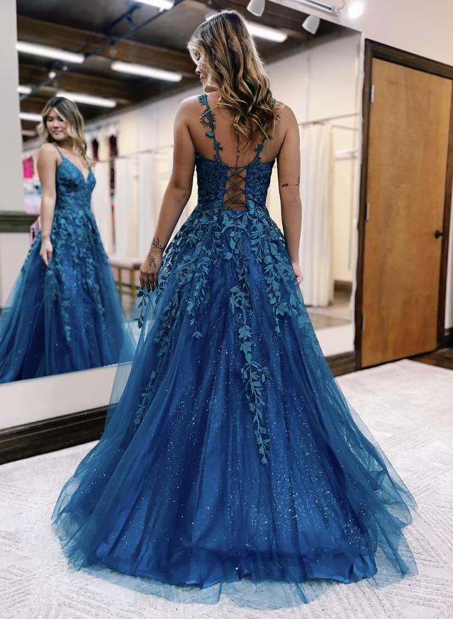 Sparkling Ball Gown A-Line V-Neck Prom Dress with Glitter Appliques.