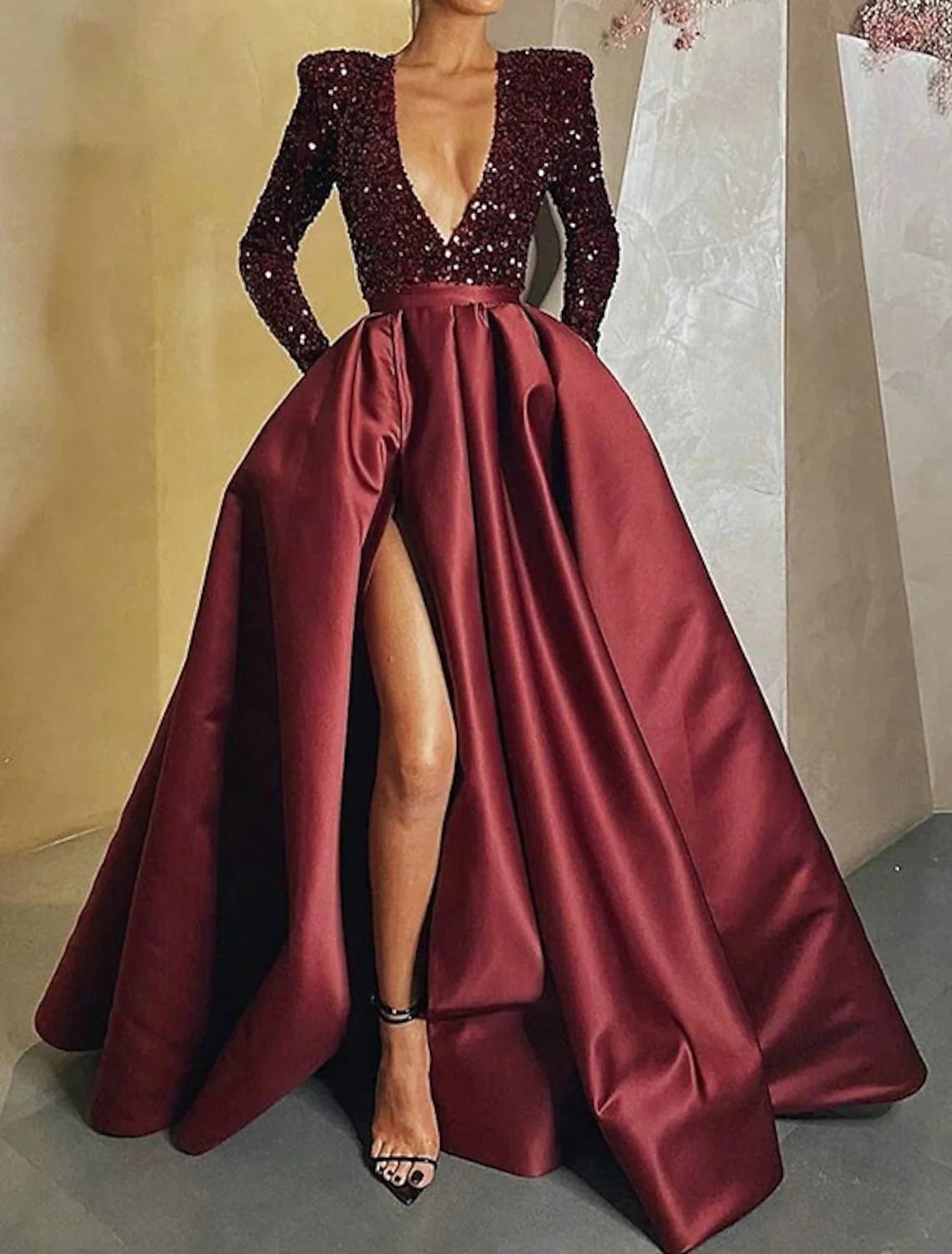Sparkling Ball Gown Long Sleeve V-Neck Satin Sequin Pocket Evening Dress.