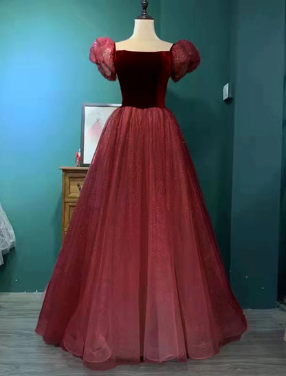 Sparkling Ball Gown Short Sleeve Square Neck Tulle Sequin Prom Dress.