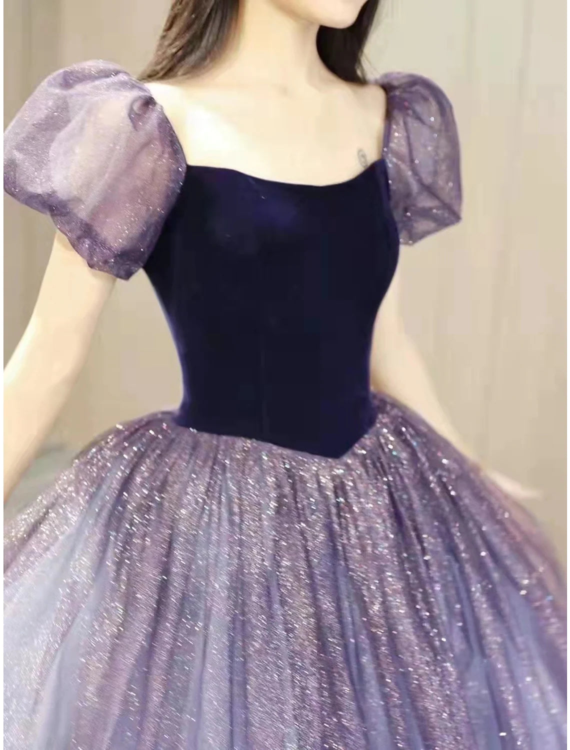 Sparkling Ball Gown Short Sleeve Square Neck Tulle Sequin Prom Dress.