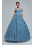 Sparkling Ball Gown Spaghetti Strap Tulle Sequin Pearl Floor Length Prom Dress.