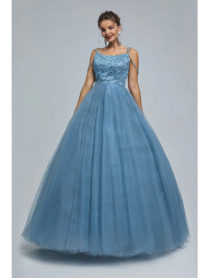 Sparkling Ball Gown Spaghetti Strap Tulle Sequin Pearl Floor Length Prom Dress.
