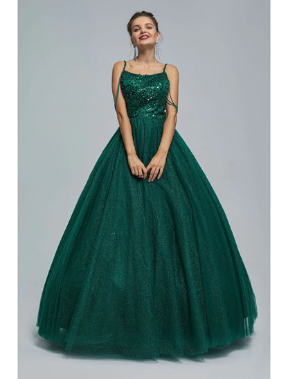 Sparkling Ball Gown Spaghetti Strap Tulle Sequin Pearl Floor Length Prom Dress.