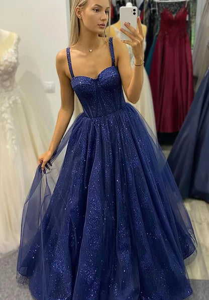Sparkling Ball Gown Sweetheart Sleeveless Tulle Backless Floor Length Prom Dress.