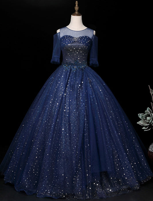 Sparkling Elegant Ball Gown Illusion Half Sleeve Sequin Quinceanera Prom Dress.