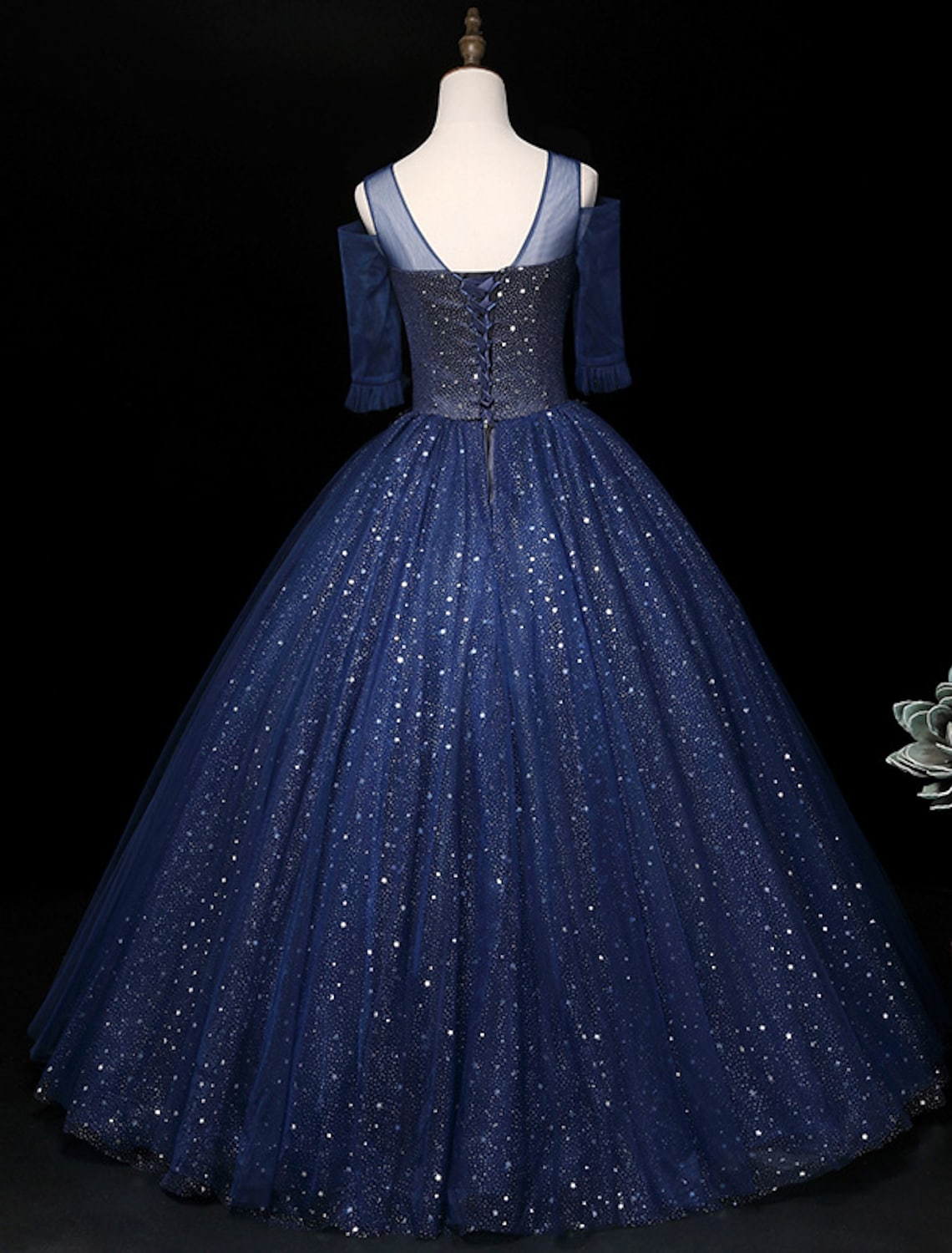Sparkling Elegant Ball Gown Illusion Half Sleeve Sequin Quinceanera Prom Dress.