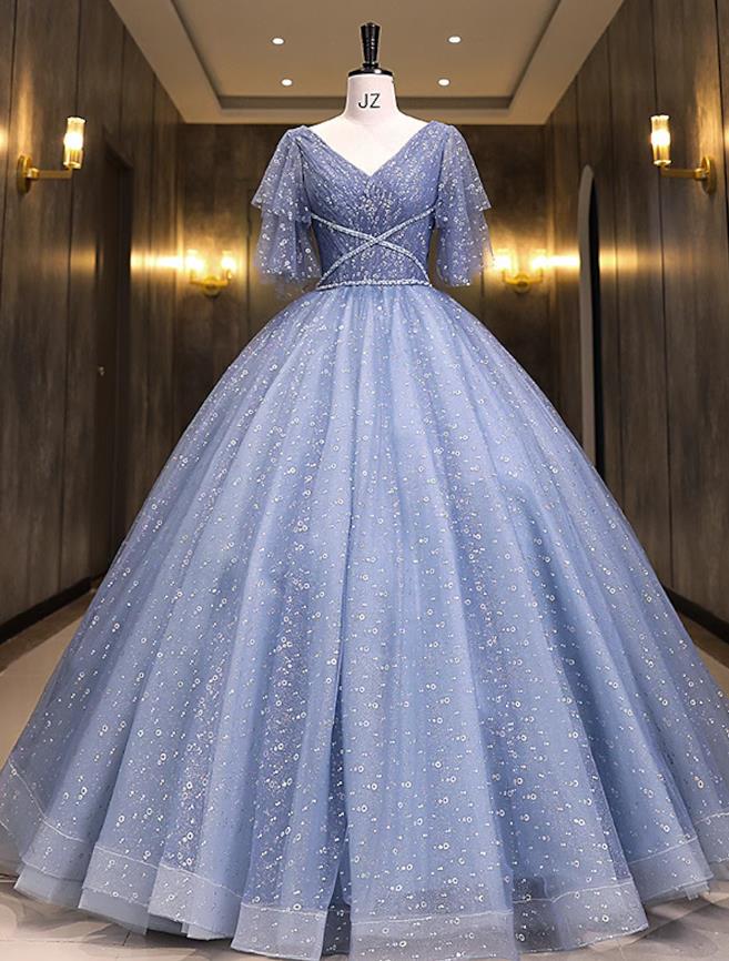 Sparkling Light Blue V-Neck Short Sleeve Sequin Ball Gown Quinceanera Dress.