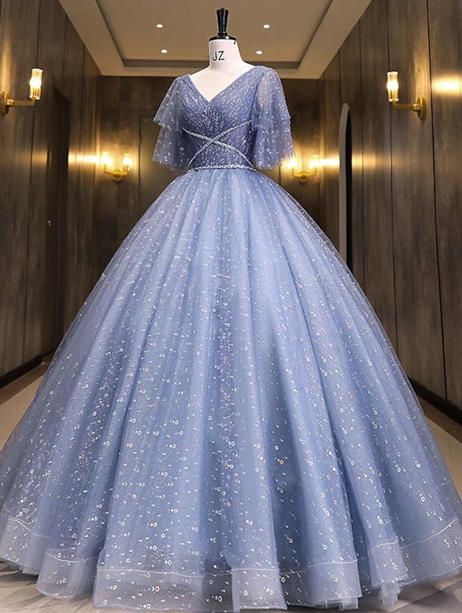 Sparkling Light Blue V-Neck Short Sleeve Sequin Ball Gown Quinceanera Dress.