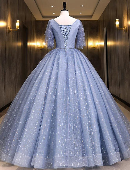 Sparkling Light Blue V-Neck Short Sleeve Sequin Ball Gown Quinceanera Dress.
