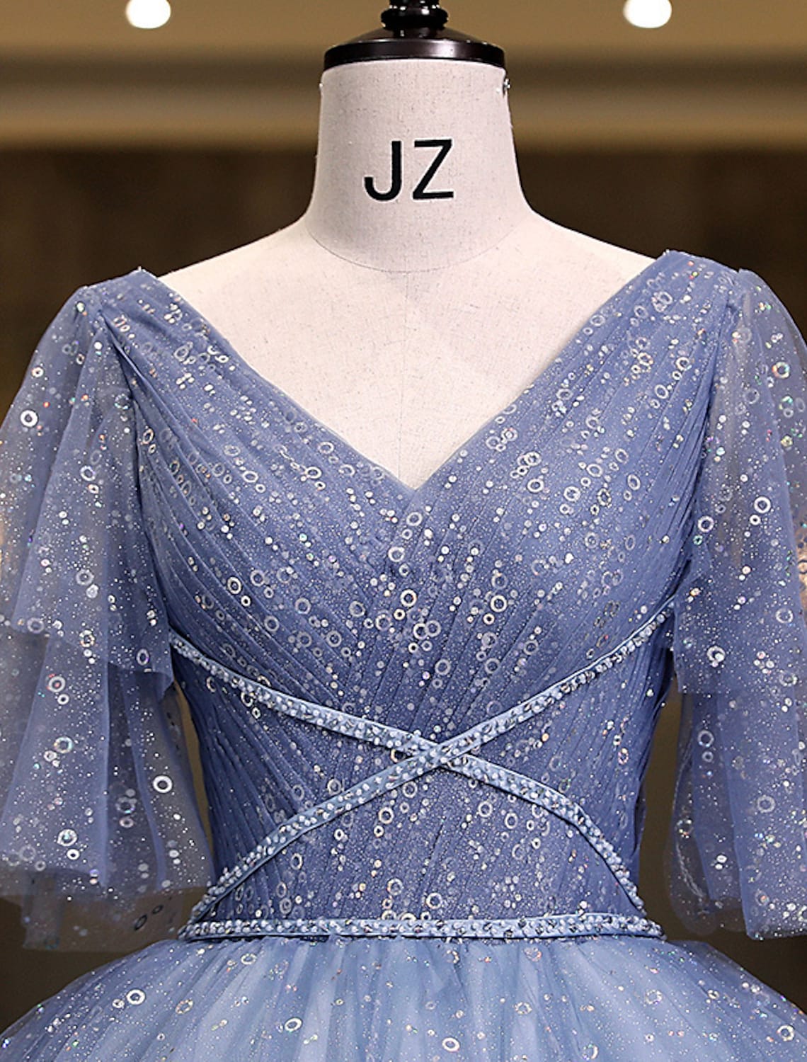 Sparkling Light Blue V-Neck Short Sleeve Sequin Ball Gown Quinceanera Dress.