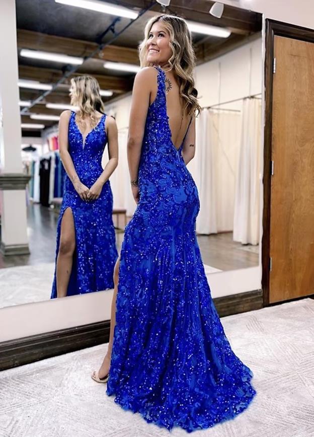 Elegant sequined mermaid trumpet gown with V-neckline.