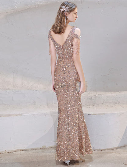 Elegant V-neck short sleeve mermaid dress for prom.