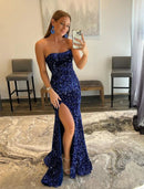 Sparkling Sequined Mermaid Trumpet Strapless Gown with Slit & Train.