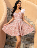 Sparkling Sheath One-Shoulder Sequined Feather Mini Homecoming Cocktail Dress.