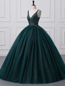 Sparkling V-Neck Ball Gown Tulle Sequin Floor-Length Prom Quinceanera Dress.