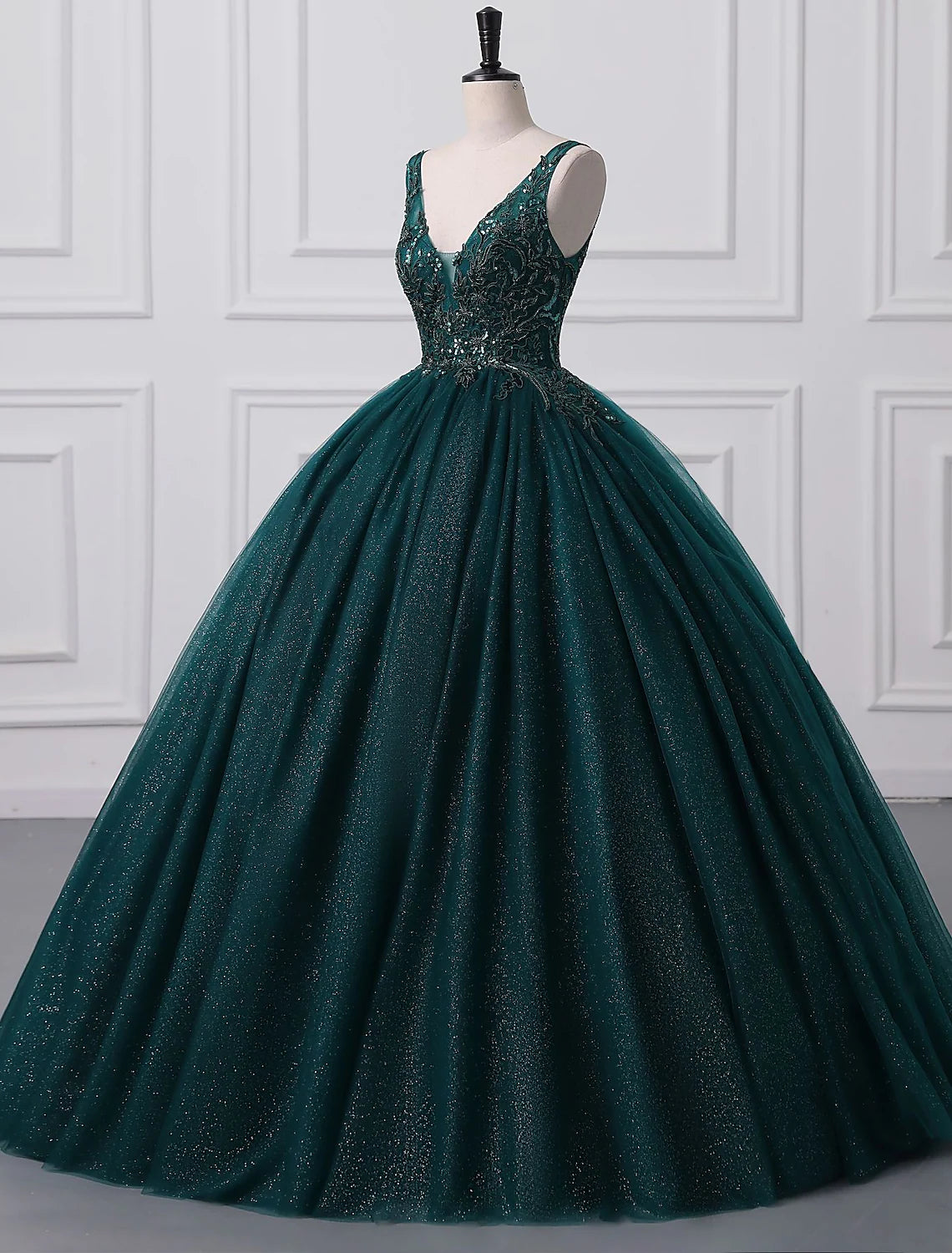 Sparkling V-Neck Ball Gown Tulle Sequin Floor-Length Prom Quinceanera Dress.