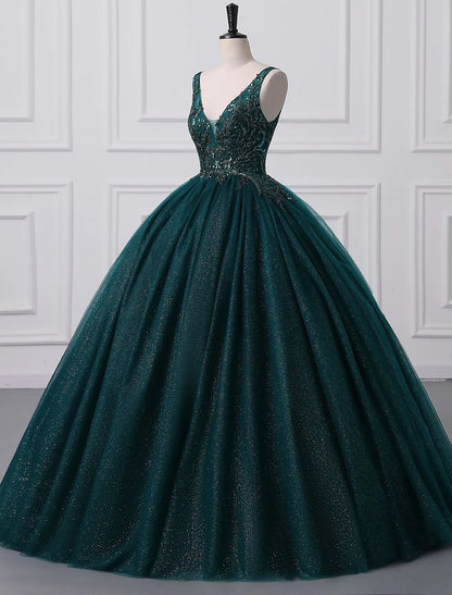 Sparkling V-Neck Ball Gown Tulle Sequin Floor-Length Prom Quinceanera Dress.