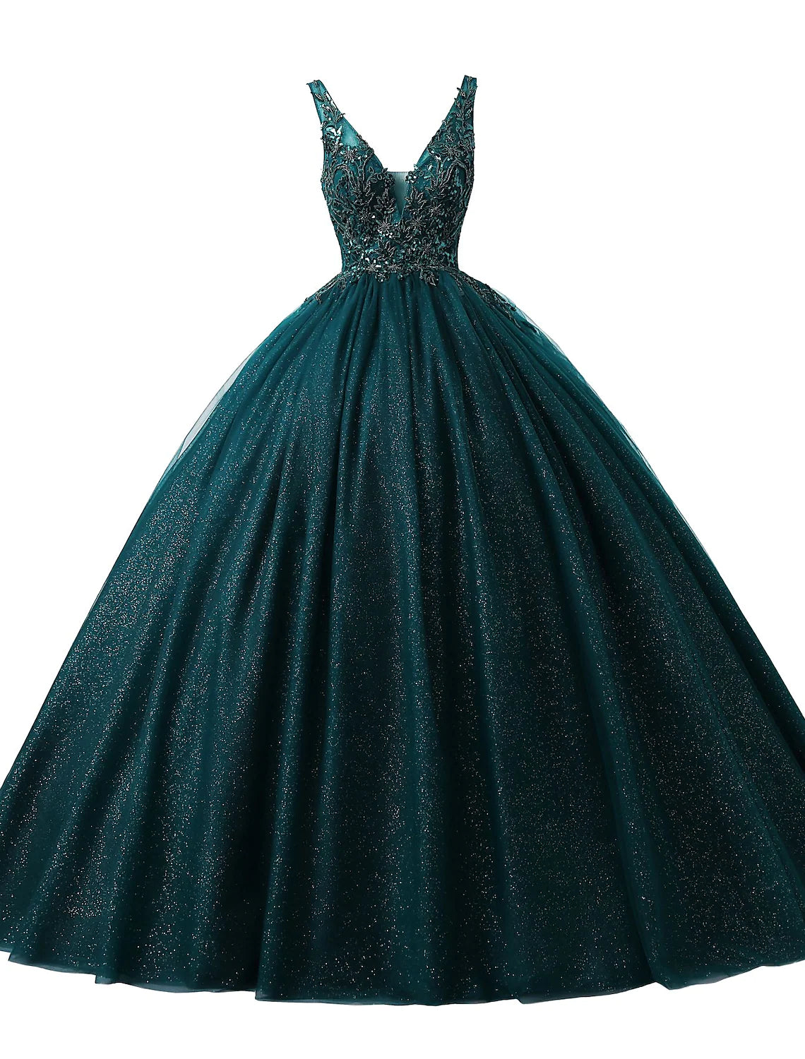 Sparkling V-Neck Ball Gown Tulle Sequin Floor-Length Prom Quinceanera Dress.